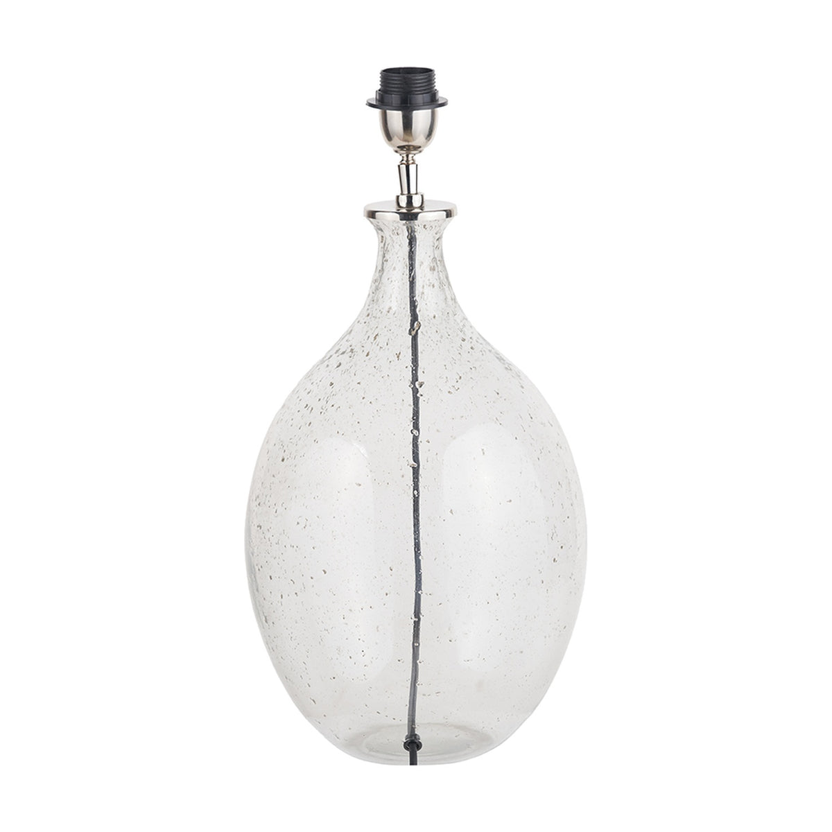 Elysia table lamp base with a curved bubble glass body and brushed silver metal neck and fitting, shown on a plain white background.
