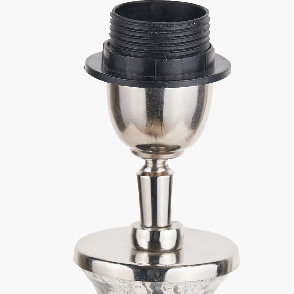Elysia table lamp base close-up showing the brushed silver socket fitting with black bulb holder and threaded neck above a curved metal stem and bubble glass base, on a plain white background.