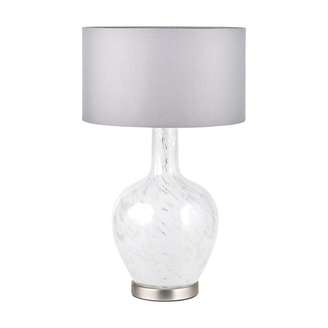 Aurora Speckled White Glass Table Lamp, 58cm, with a bulbous glass base on a brushed metal disc base and a grey drum fabric shade, shown against a plain white background.