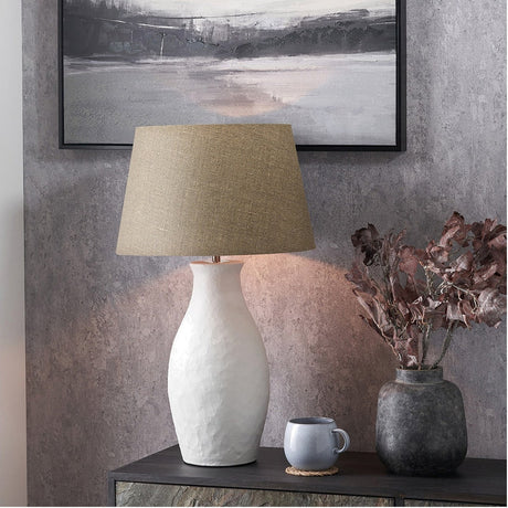 Eirene White Textured Stoneware Table Lamp with Linen Tapered Shade