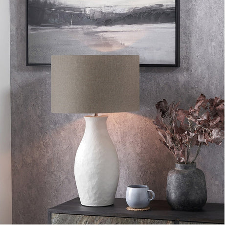 Eirene White Textured Stoneware Table Lamp with Linen Cylinder Shade