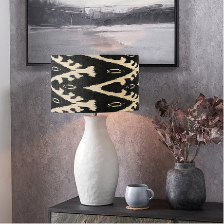 Eirene White Textured Stoneware Table Lamp with Black Ikat Shade