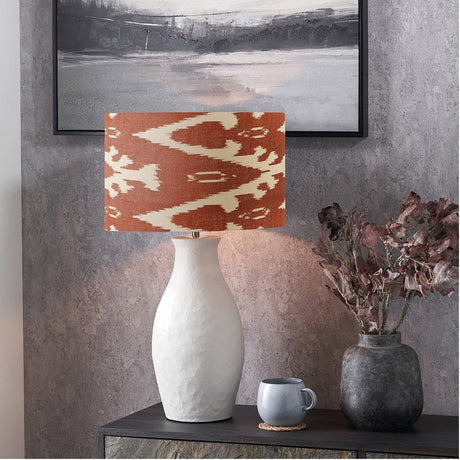 Eirene White Textured Stoneware Table Lamp with Cinnamon Ikat Shade