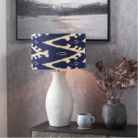 Eirene White Textured Stoneware Table Lamp with Ocean Blue Ikat Shade