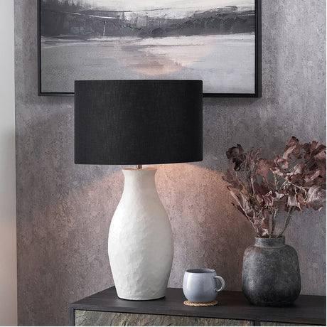 Eirene White Textured Stoneware Table Lamp with Black Self Lined Shade