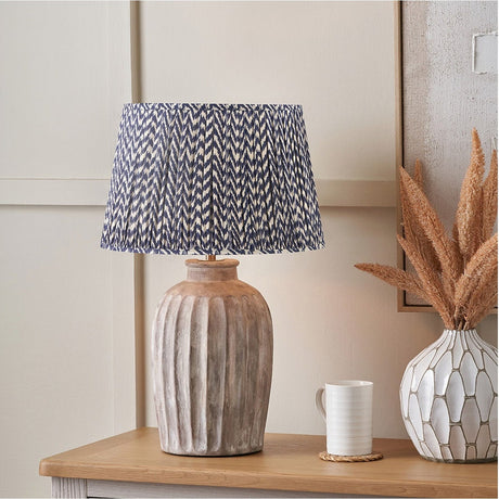 Ambrosia Natural Grooved Stoneware Table Lamp with Blue Chevron Shade