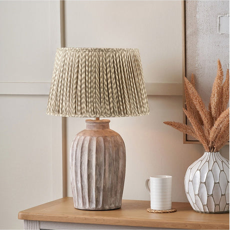 Ambrosia Natural Grooved Stoneware Table Lamp with Taupe Chevron Shade