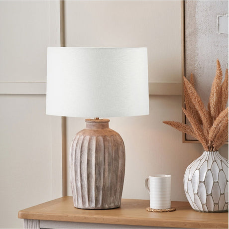 Ambrosia Natural Grooved Stoneware Table Lamp with White Self Shade