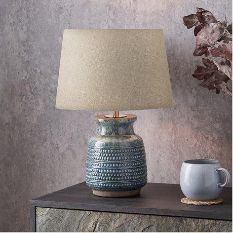 Theano Dot Design Blue Glaze Table Lamp with Linen Tapered Shade