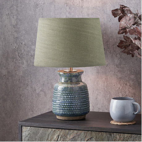 Theano Dot Design Blue Glaze Table Lamp with Green Linen Tapered Shade