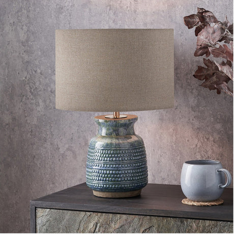Theano Dot Design Blue Glaze Table Lamp with Linen Cylinder Shade