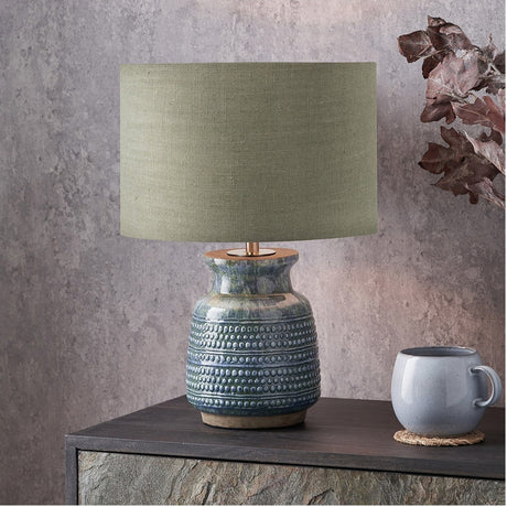 Theano Dot Blue Glaze Table Lamp with Green Linen Cylinder Shade