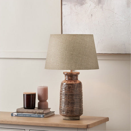 Theano Dot Design Brown Glaze Tall Table Lamp with Linen Tapered Shade