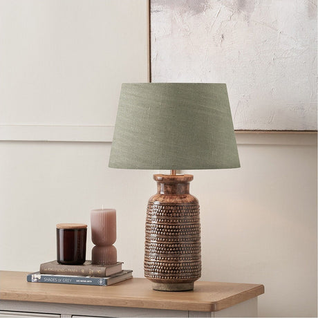 Theano Dot Brown Glaze Tall Table Lamp with Green Linen Tapered Shade