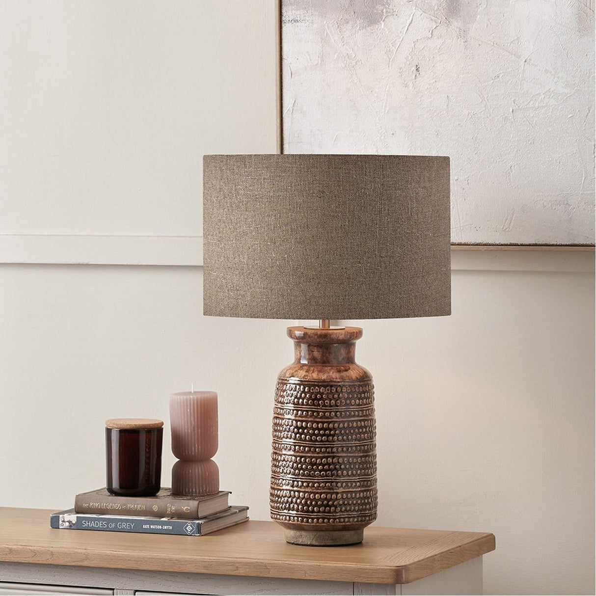 Theano Dot Design Brown Glaze Tall Table Lamp with Linen Shade