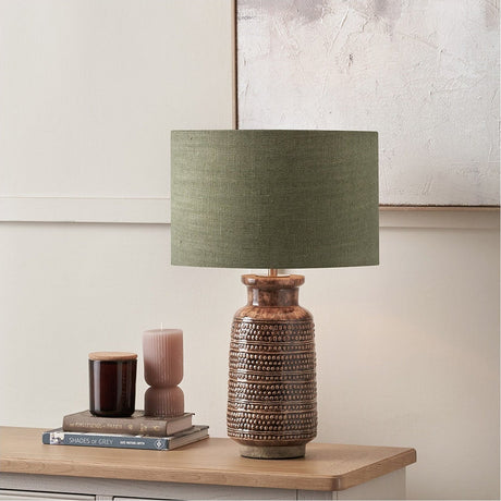 Theano Dot Brown Glaze Tall Table Lamp with Green Linen Cylinder Shade