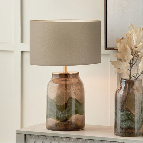 Valtellina Brown & Green Glass Table Lamp with Taupe Handloom Shade