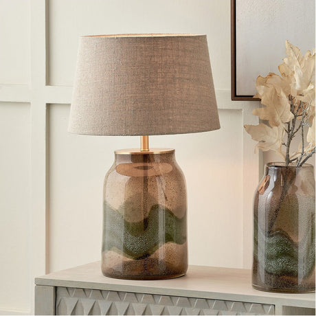 Valtellina Brown & Green Glass Table Lamp with Linen Tapered Shade
