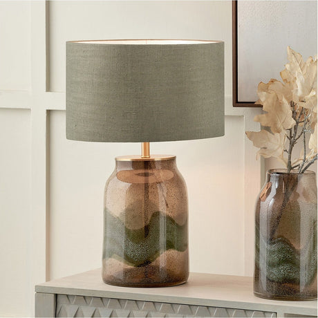 Valtellina Brown & Green Glass Table Lamp with Green Linen Cylinder Shade
