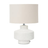Elure White Crackle Effect Table Lamp, 38cm, with a ceramic tiered base in white crackle finish and a beige linen drum shade, shown on a plain white background.
