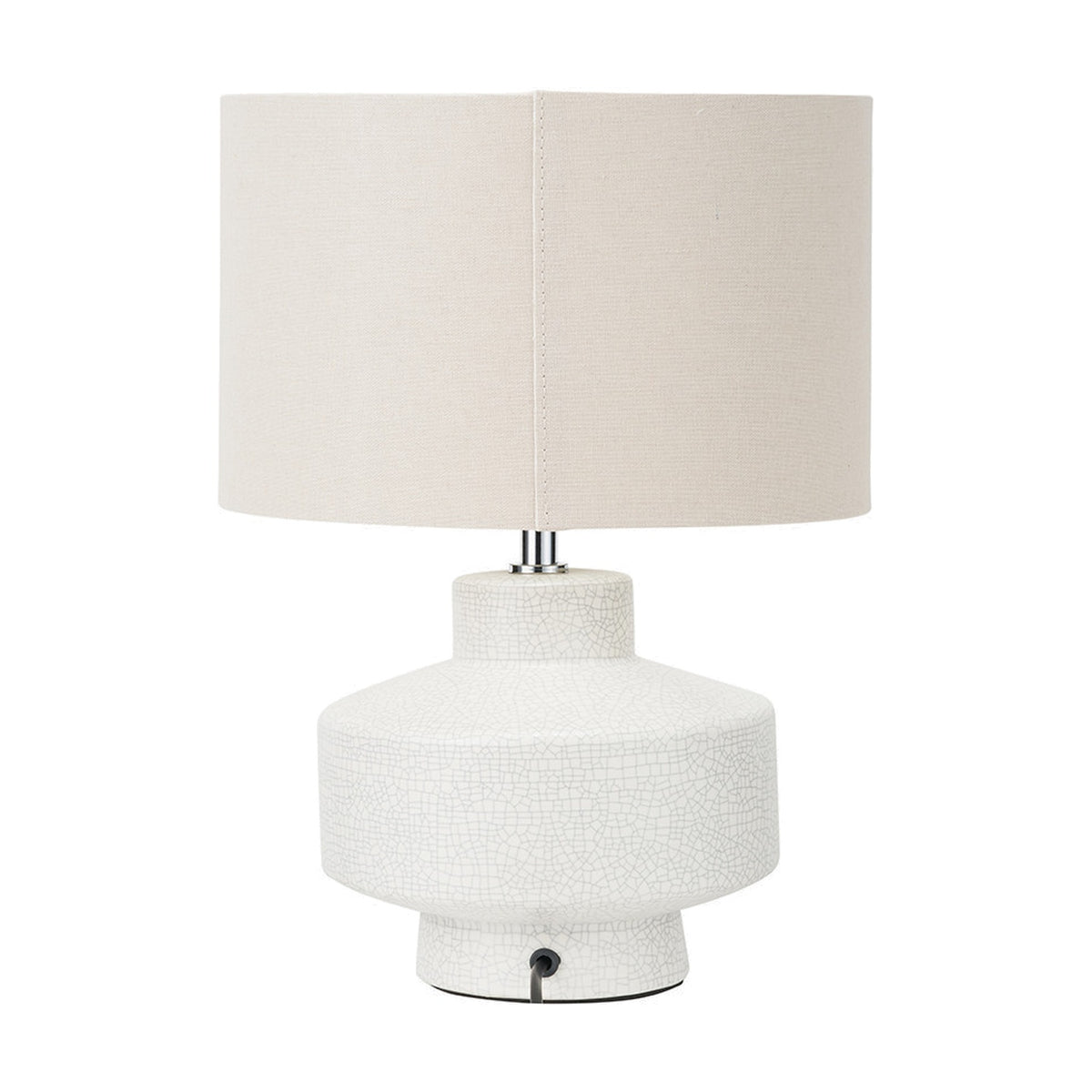Elure White Crackle Effect Table Lamp, 38cm, with a ceramic crackle-glaze base and a beige linen drum shade, shown on a plain white background.