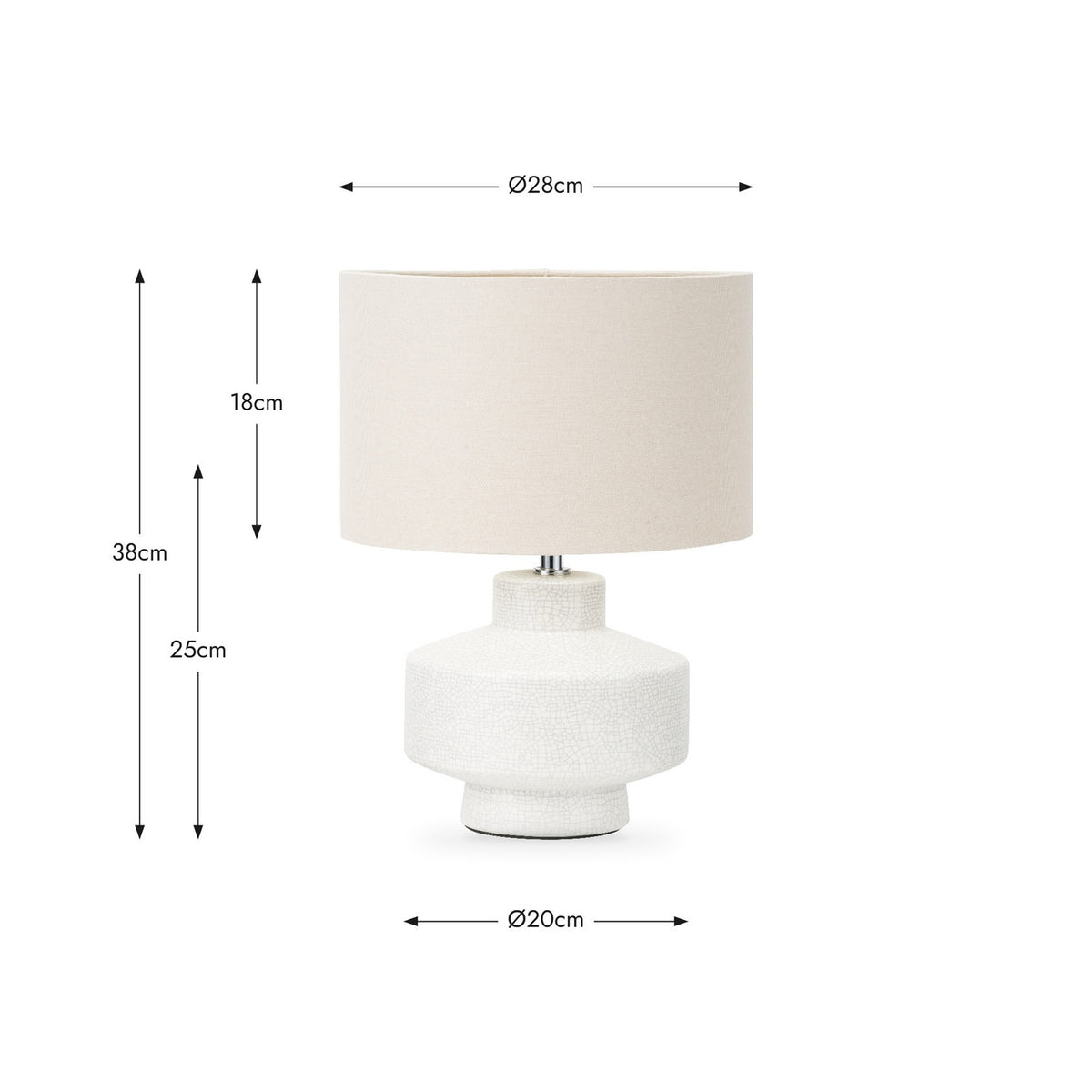 Elure White Crackle Effect Table Lamp, 38cm, with a ceramic tiered base and cream drum shade, shown with dimension labels on a white background.