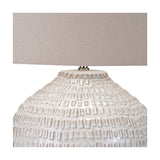 Close-up of the Signe table lamp's warm white ceramic base with linear ridged texture, topped by a linen drum shade, on a plain white background.