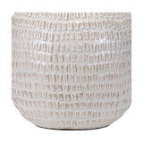 Signe table lamp base in warm white ceramic with a textured linear ridge pattern, rounded tapered form, shown against a plain white background.