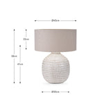 Signe Warm White Linear Textured Ceramic Table Lamp, 58cm tall with a taupe drum shade, shown with dimensions labelled on a white background.