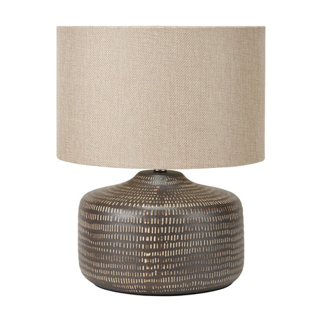 Kai Earth Brown Textured Ceramic Table Lamp, 34cm, with a rounded ridged base and a beige linen drum shade, shown on a plain white background.