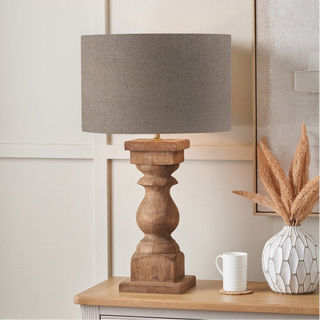 Kavya Antique Brown Turned Table Lamp with Linen Cylinder Shade - 79cm