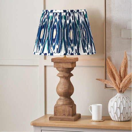 Kavya Antique Brown Turned Table Lamp with Ocean Blue Ikat Shade