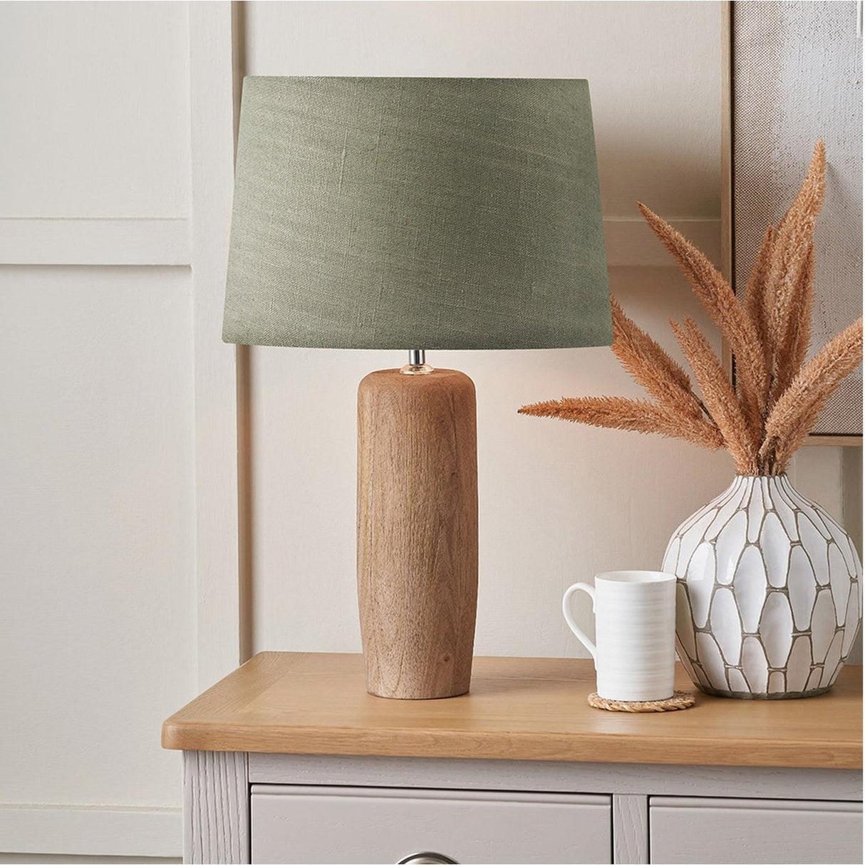 Inaya Natural Tapered Large Wood Table Lamp with Pistachio Green Shade