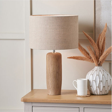 Inaya Natural Tapered Large Wood Table Lamp with Linen Cylinder Shade