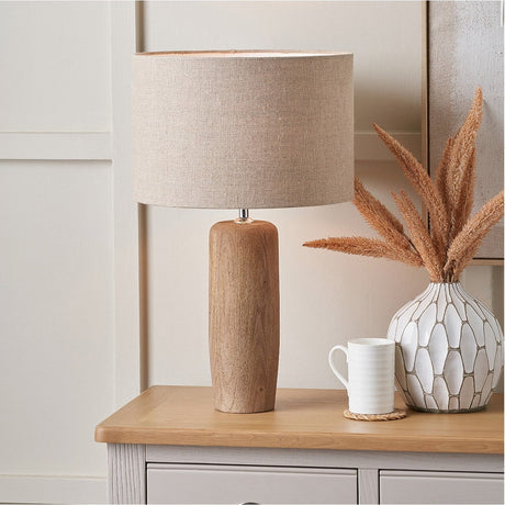 Inaya Tapered Wood Table Lamp with Linen Cylinder Shade - 58cm