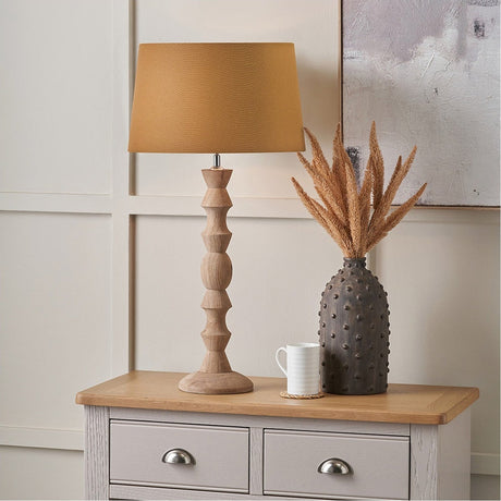 Ayra Natural Large Wood Table Lamp with Mustard Handloom Tapered Shade