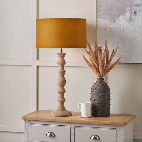 Ayra Natural Large Wood Table Lamp with Mustard Cylinder Shade