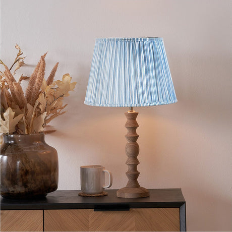 Ayra Natural Modernist Turned Wood Table Lamp with Ocean Blue Shade