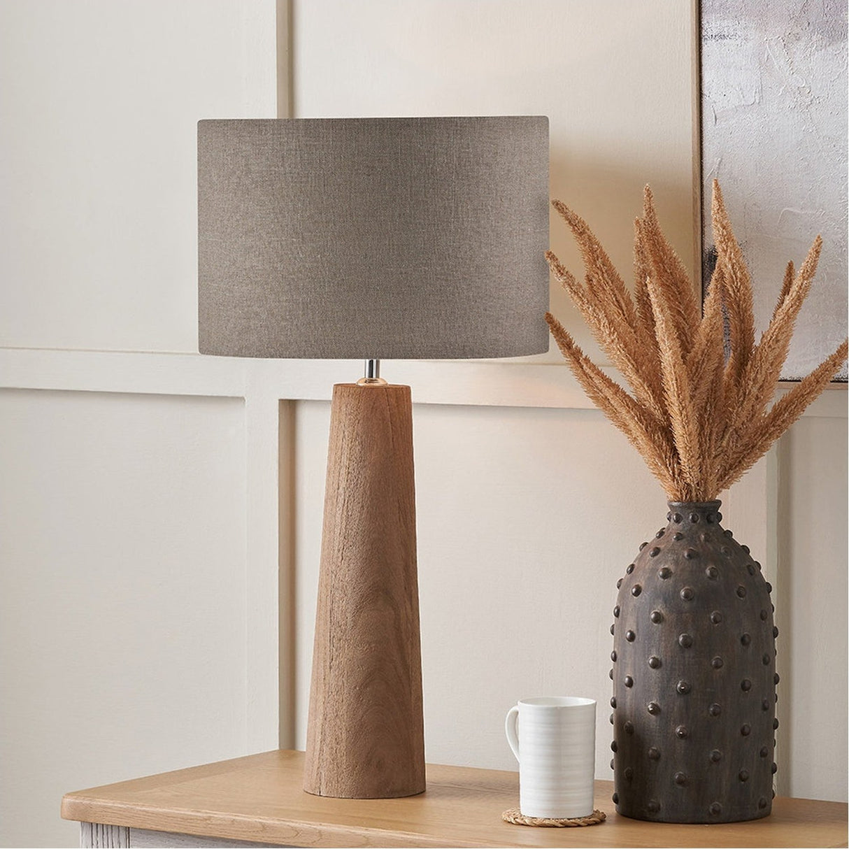 Esha Conical Wood Table Lamp with Linen Cylinder Shade - 59cm