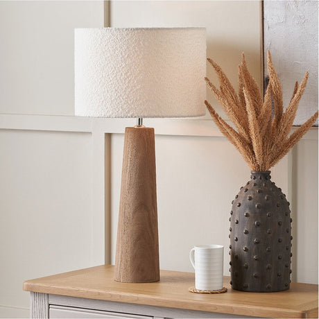Esha Conical Wood Table Lamp with White Boucle Cylinder Shade - 59cm