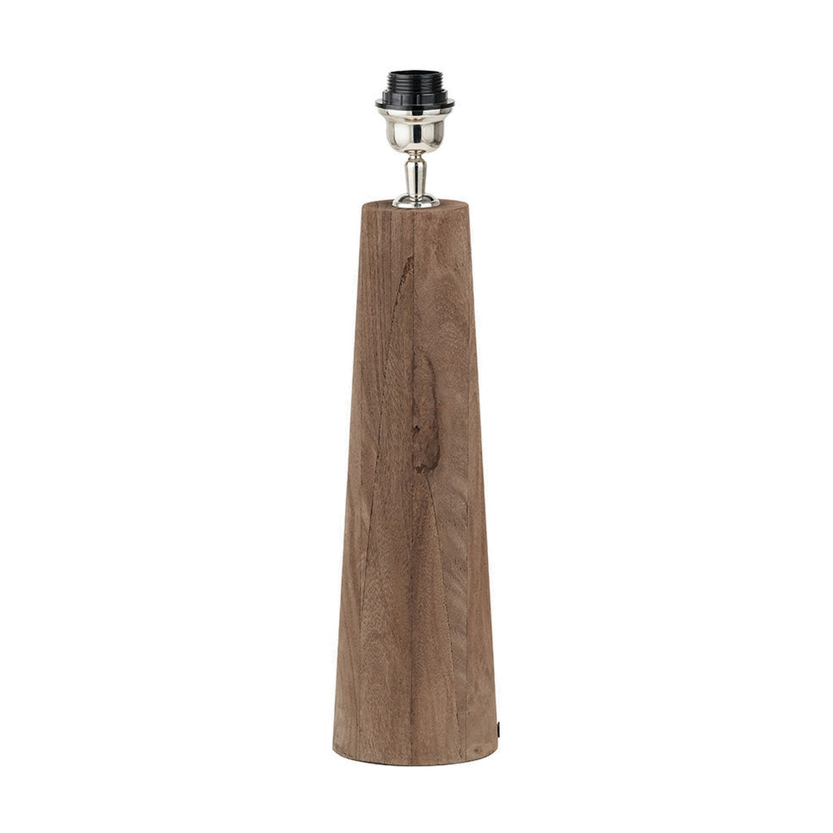 Esha Conical Wood Table Lamp Base, 50cm, with tapered natural wood body and chrome finial fitting, shown against a plain white background.