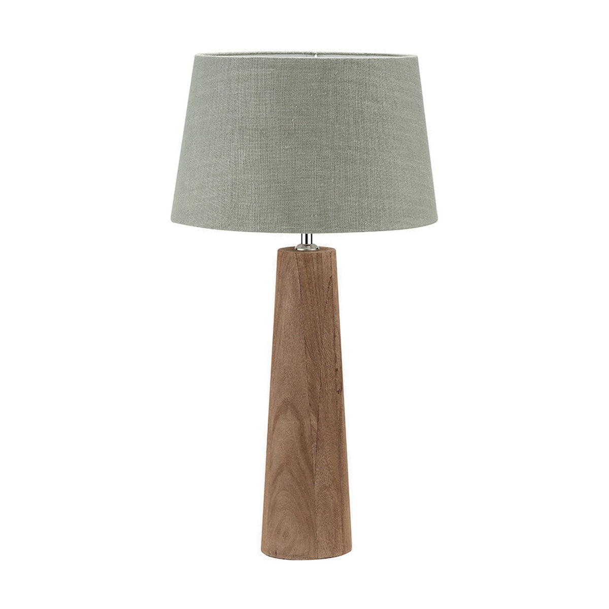 Esha Conical Wood Table Lamp Base with a tapered natural wood column and grey fabric drum shade, shown against a plain white background.