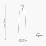Line drawing of the Esha Conical Wood Table Lamp Base, 50cm tall with a 15cm wide tapered cone base and 15cm diameter, shown with dimensions on a plain background.