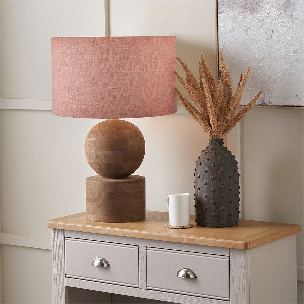 Ziva Antique Brown Table Lamp with Apricot Linen Cylinder Shade - 45cm