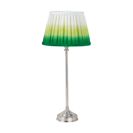 Auden table lamp with silver metal stick base and pleated fabric shade in white to emerald ombre, shown on a plain white background.