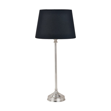 Auden table lamp with a slim silver metal stick base and round column, topped with a black tapered cotton shade, shown on a plain white background.