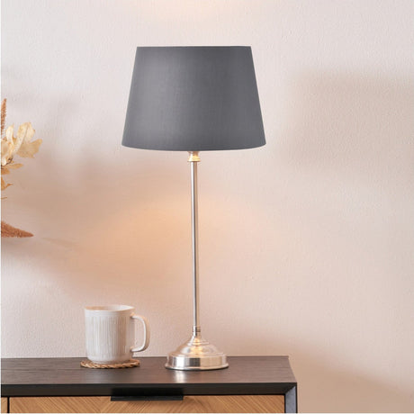 Auden Silver Metal Stick Table Lamp with Steel Grey Tapered Shade