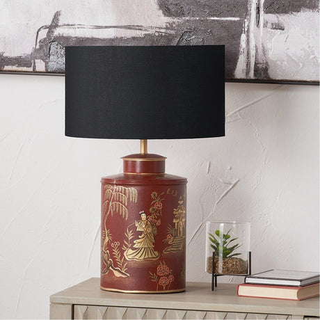 Landscape Red Hand Painted Metal Table Lamp with Black Cotton Shade