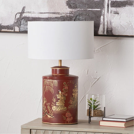 Landscape Red Hand Painted Metal Table Lamp with Ivory Cotton Shade