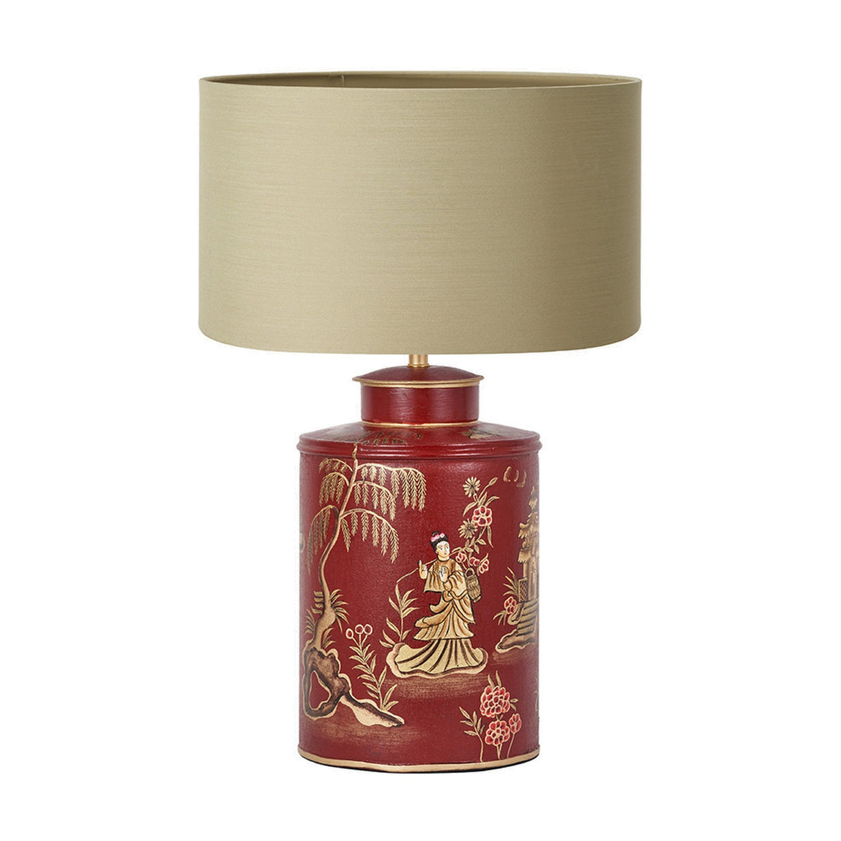 Landscape Red Hand Painted Metal Table Lamp with Taupe Cotton Shade